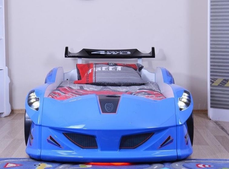 Lit voiture formule 1 bleu à led et bruitage 90x190 cm - Photo n°3