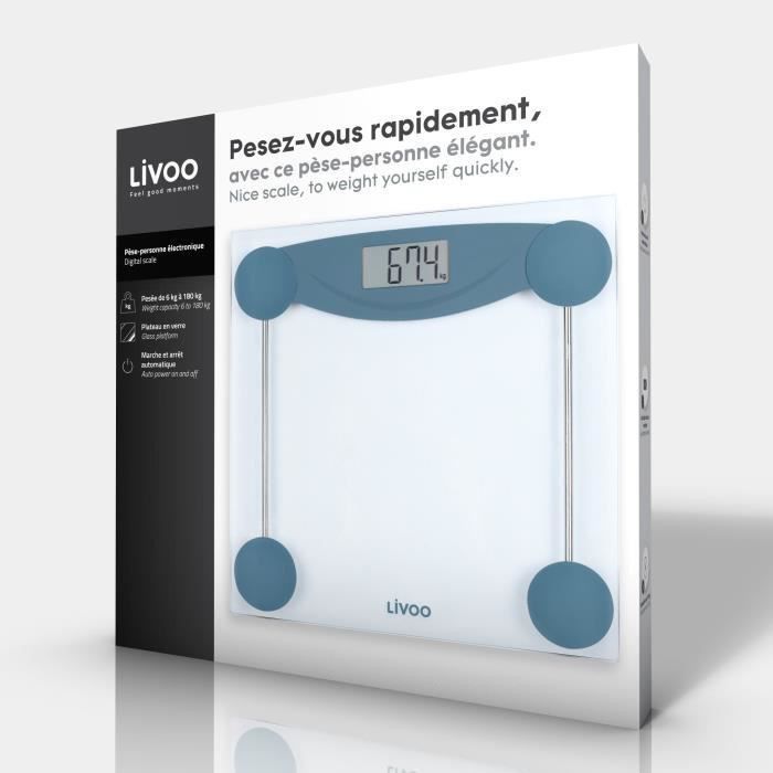 LIVOO DOM426B - Pese-personne électronique - Plateau en verre trempé et écran LCD - Pesée jusqu'a 180 kg - Graduation au 100 g - Photo n°2