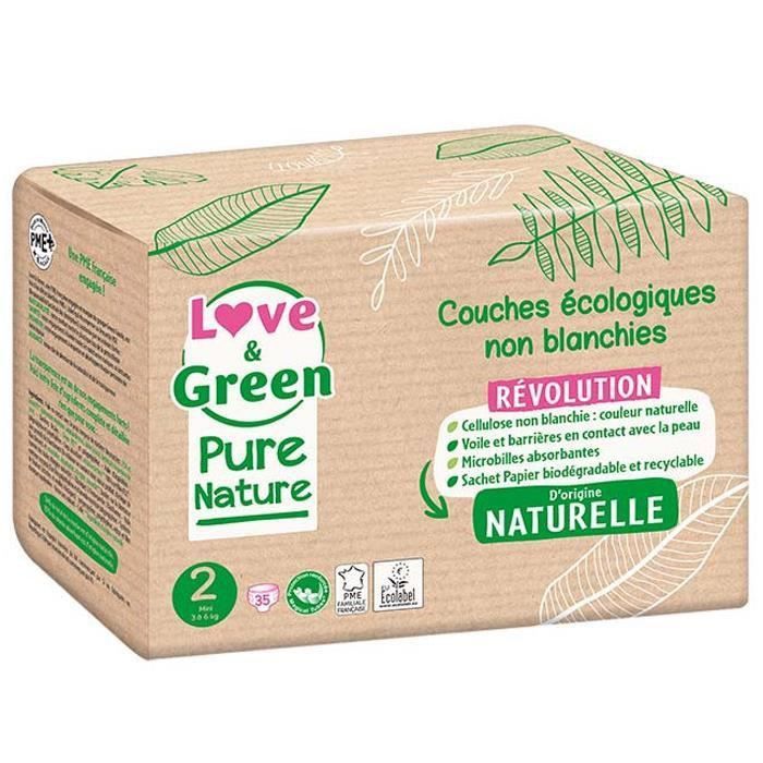 LOVE AND GREEN Couches hypoallergéniques Non blanchies Pure Nature - Certifiées Ecolabel T2 x 35 (3 a 6 kilos) - Photo n°1