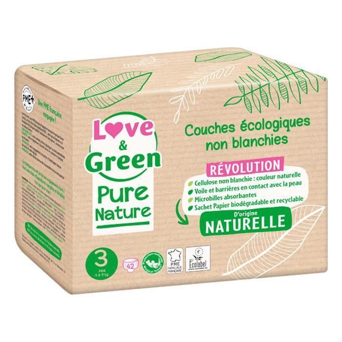 LOVE AND GREEN Couches hypoallergéniques Non blanchies Pure Nature - Certifiées Ecolabel T3 x 42 (4 a 9 kilos) - Photo n°1