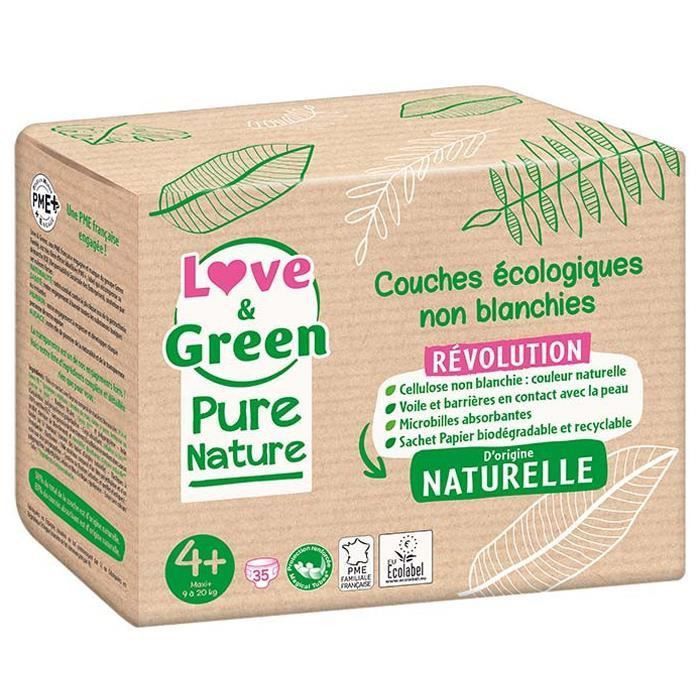 LOVE AND GREEN Couches hypoallergéniques Non blanchies Pure Nature - Certifiées Ecolabel T4+ x 35 (9 a 20 kilos) - Photo n°1