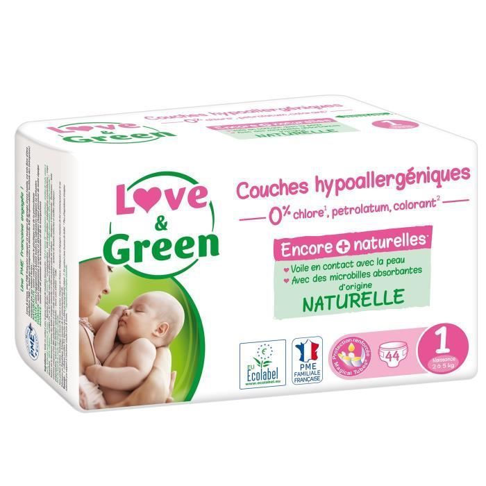 LOVE AND GREEN Couches Taille Naissance - Certifiées Ecolabel et hypoallergéniques T1 x 44 (2 a 5 Kilos) - Photo n°1