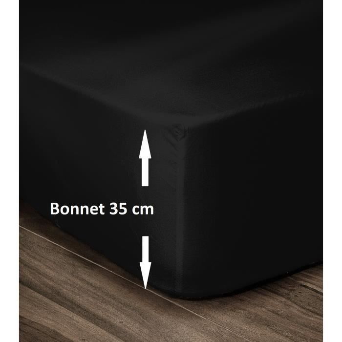 LOVELY HOME Drap Housse 100% Coton 90x190cm - Bonnet 35cm - Noir - Photo n°2