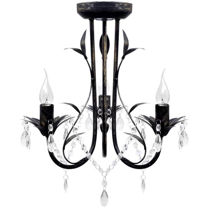 Lustre métal noir style art nouveau + perles crystal 3 x E14 Ampoules - Photo n°1