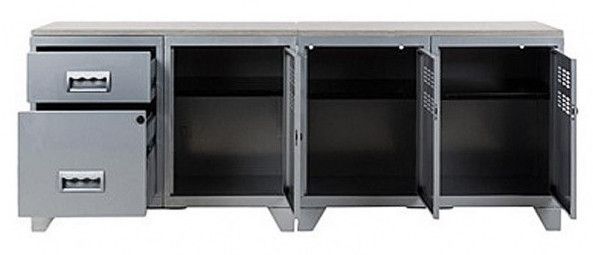 Meuble bas 3 portes 2 tiroirs métal gris aluminium et plateau chêne naturel Naya L 160 cm - Photo n°3