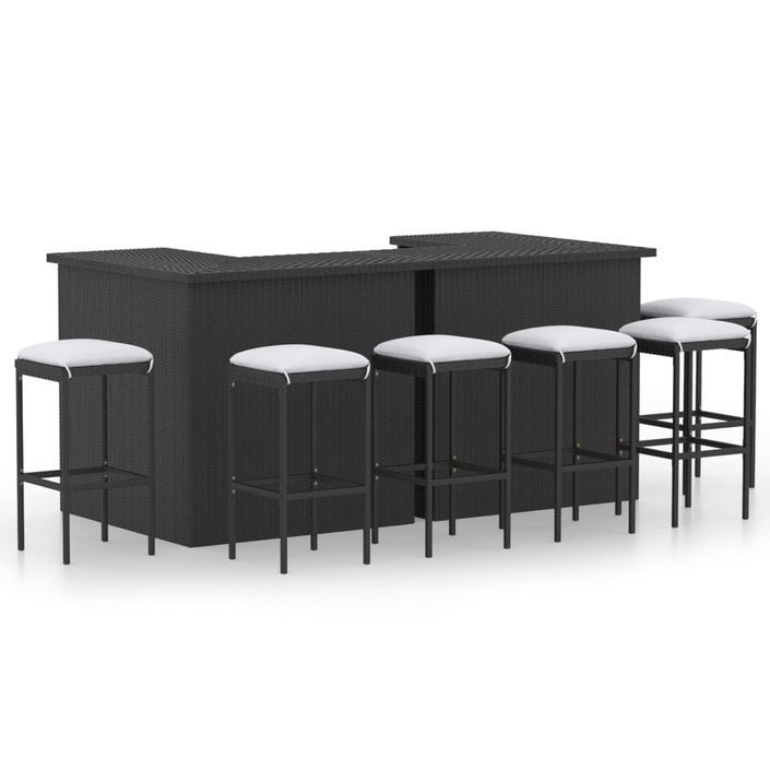 Meuble de bar de jardin 8 pcs avec coussins Résine tressée Noir - Photo n°1