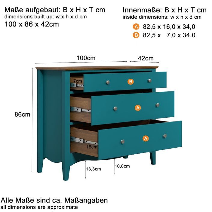 Meuble de rangement 3 tiroirs bois massif bleu et naturel Elisa - Photo n°12