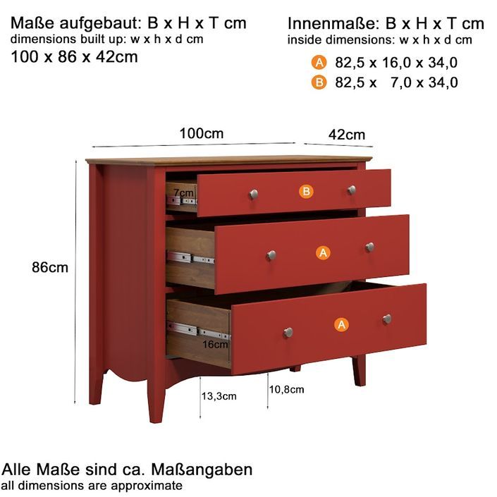 Meuble de rangement 3 tiroirs bois massif rouge et naturel Elisa - Photo n°12