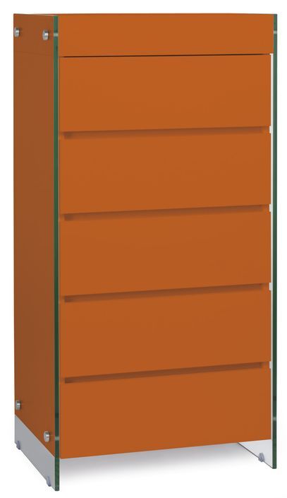 Meuble de rangement 5 tiroirs bois laqué orange et pieds verre trempé Dyn - Photo n°1
