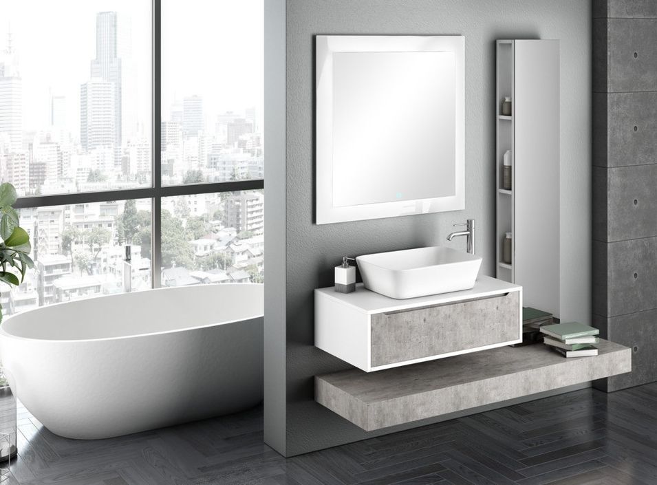 Meuble de salle de bain laqué blanc et effet béton 1 tiroir Selb L 90 cm - Photo n°2