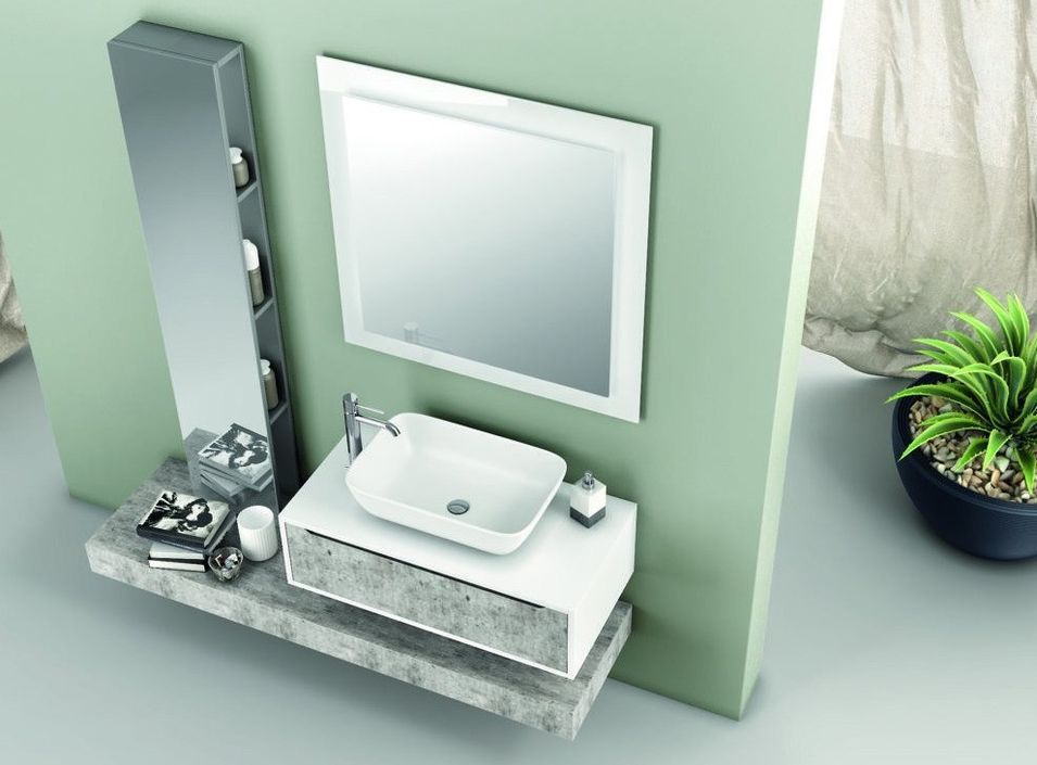 Meuble de salle de bain laqué blanc et effet béton 1 tiroir Selb L 90 cm - Photo n°3