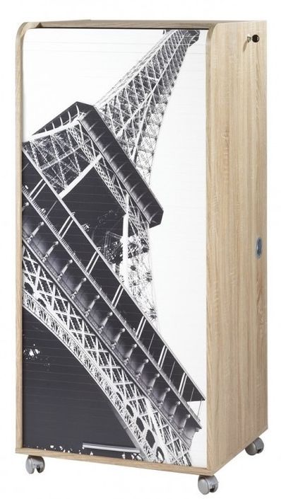 Meuble informatique à rideau chêne naturel imprimé Tour Eiffel Orga - Photo n°1