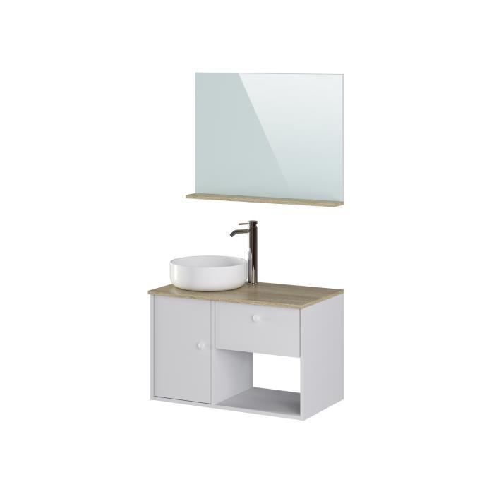 Meuble salle de bain avec vasque + miroir - 1 tiroir 1 portes - Décor chene et blanc - L 80 x P 46 x H 63 cm - LARS - Photo n°1