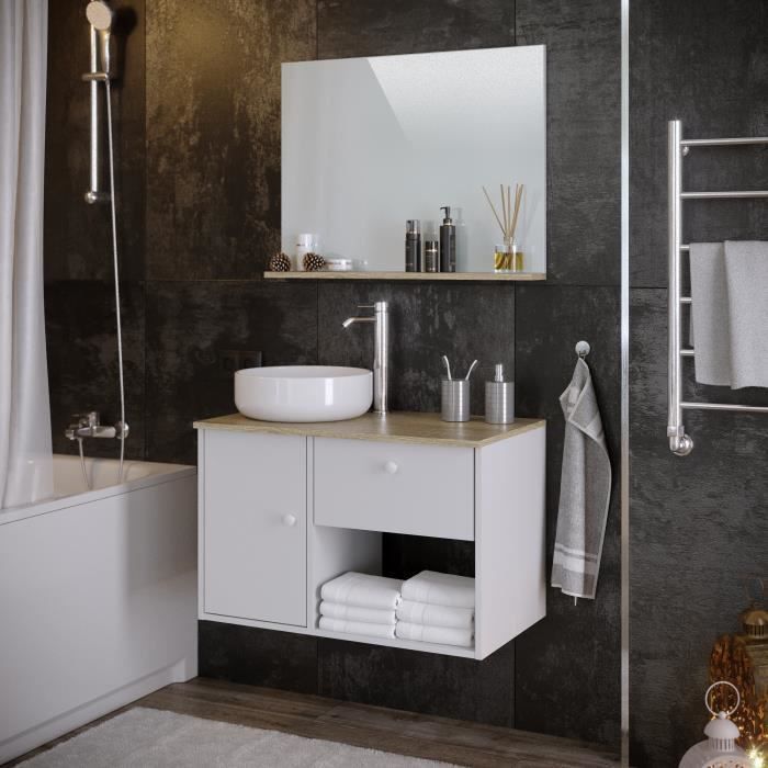 Meuble salle de bain avec vasque + miroir - 1 tiroir 1 portes - Décor chene et blanc - L 80 x P 46 x H 63 cm - LARS - Photo n°3