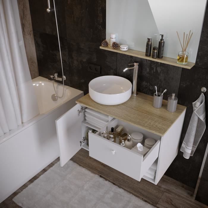 Meuble salle de bain avec vasque + miroir - 1 tiroir 1 portes - Décor chene et blanc - L 80 x P 46 x H 63 cm - LARS - Photo n°4