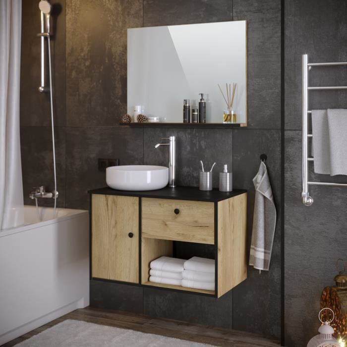 Meuble salle de bain avec vasque + miroir - 1 tiroir 1 portes - Décor chene et noir - L 80 x P 46 x H 63 cm - LARS - Photo n°3
