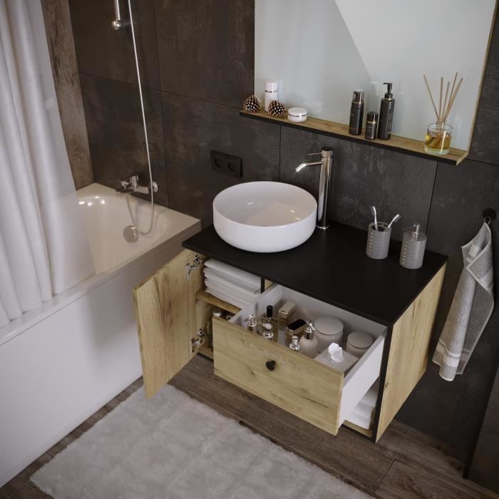 Meuble salle de bain avec vasque + miroir - 1 tiroir 1 portes - Décor chene et noir - L 80 x P 46 x H 63 cm - LARS - Photo n°4