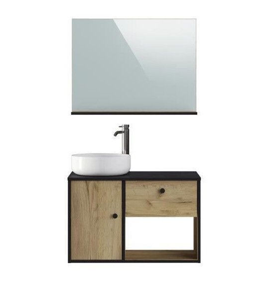 Meuble salle de bain avec vasque + miroir - 1 tiroir 1 portes - Décor chene et noir - L 80 x P 46 x H 63 cm - LARS - Photo n°2