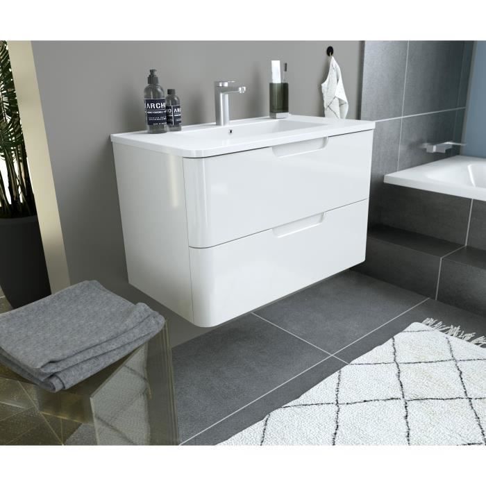 Meuble salle de bain L 80 - 2 tiroirs + vasque - Blanc - RONDO - Photo n°6