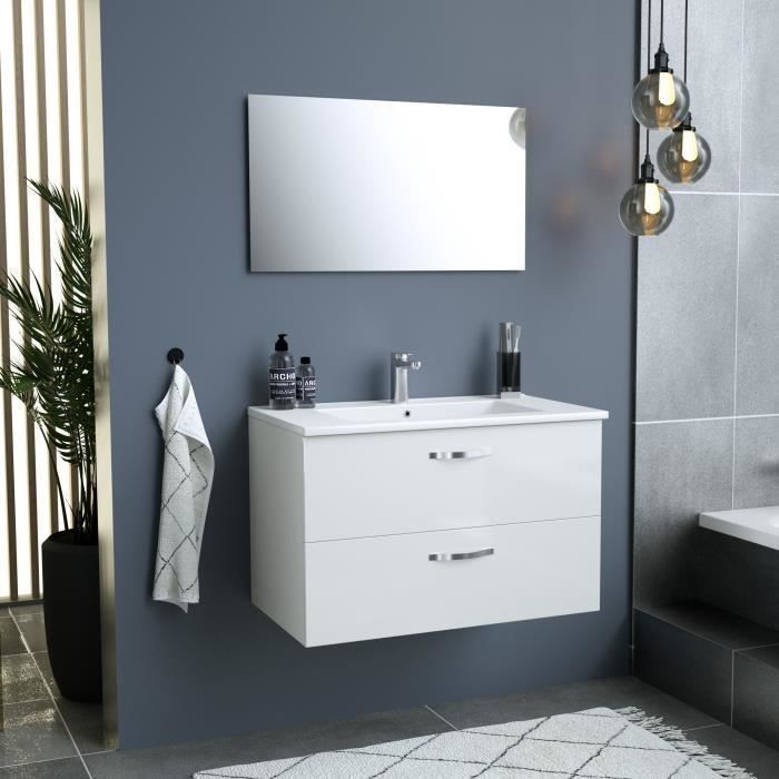 Meuble salle de bain + Vasque + Miroir - 2 tiroirs - Blanc - L 80 cm - FUNNY - Photo n°1