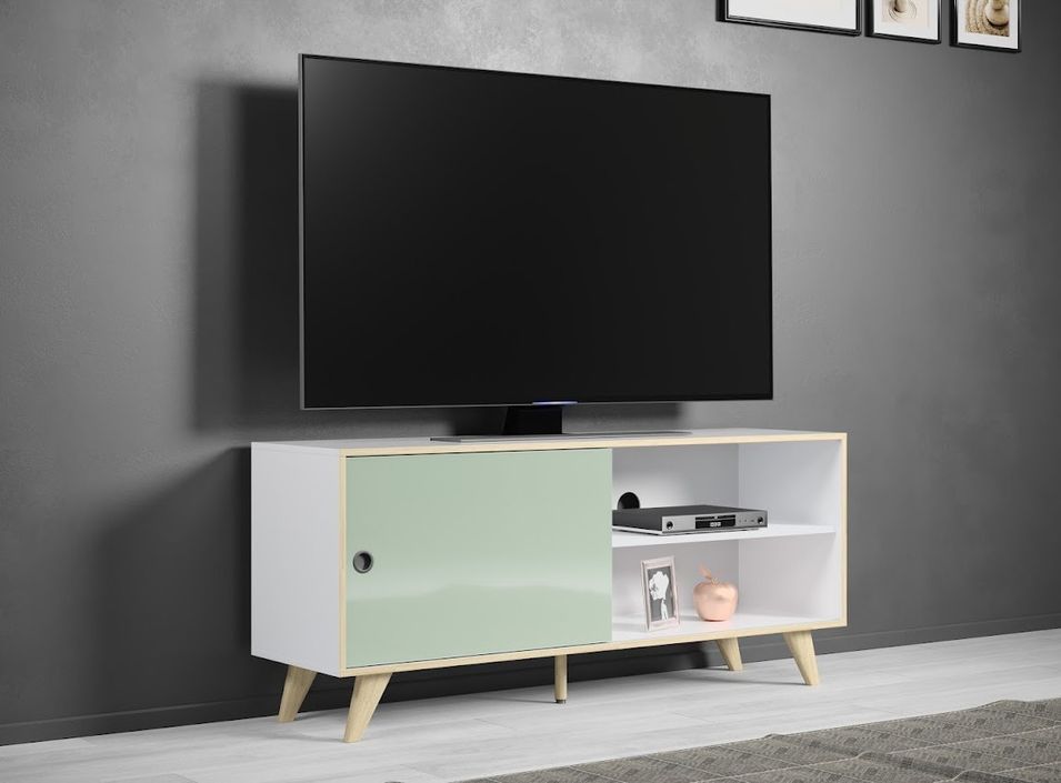 Meuble TV 1 porte 2 niches bois blanc, vert et naturel Mélanie - Photo n°2