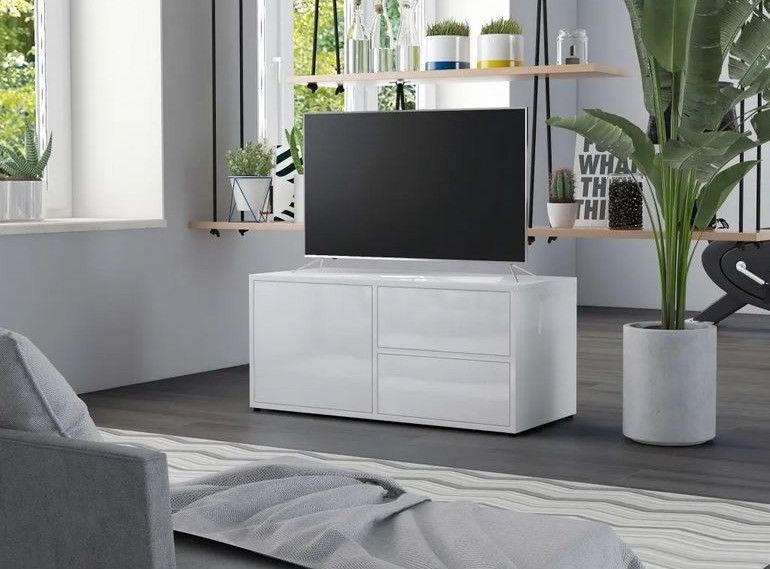 Meuble TV 1 porte 2 tiroirs bois blanc brillant Ressi 80 cm - Photo n°2