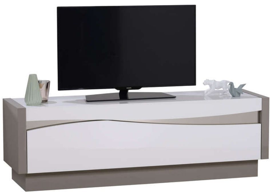 Meuble TV 1 porte bois laqué blanc et gris Ravi - Photo n°4