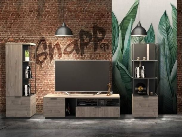 Meuble TV 1 porte style vintage bois clair et acier noir Naples 180 cm - Photo n°2