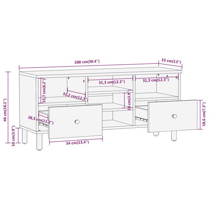 Meuble TV 100x33x46 cm bois d'acacia solide - Photo n°12