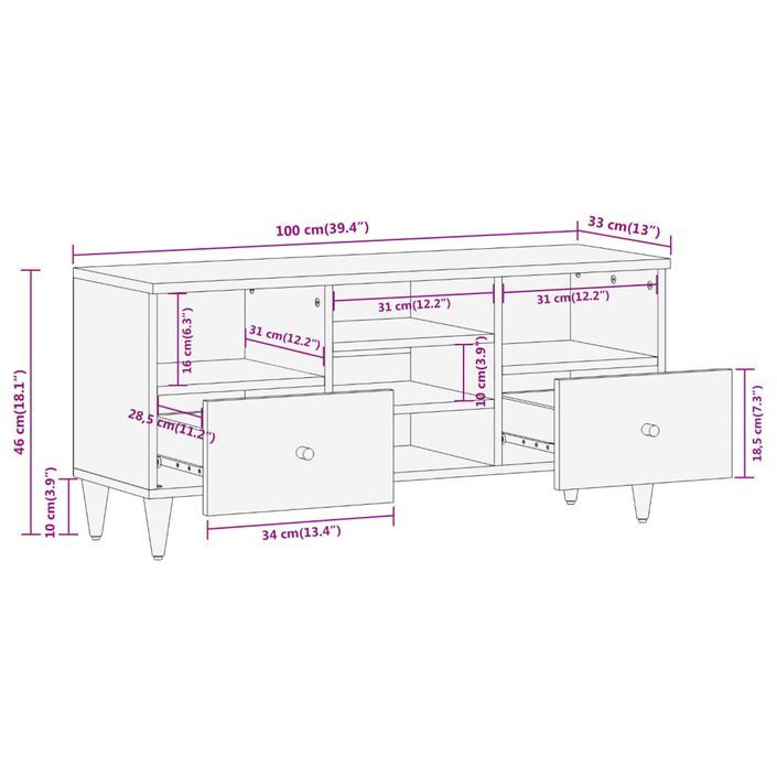 Meuble TV 100x33x46 cm bois massif de manguier - Photo n°10