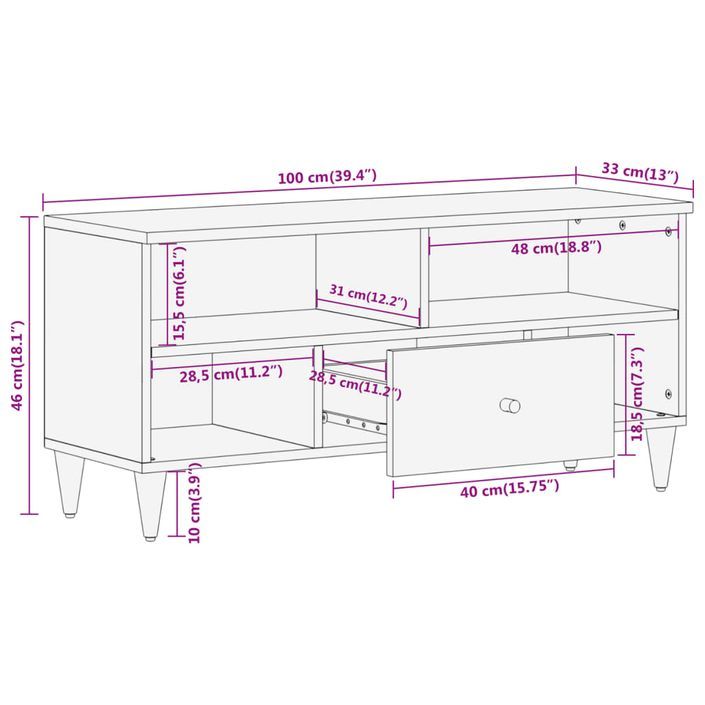 Meuble TV 100x33x46 cm bois massif de manguier - Photo n°11