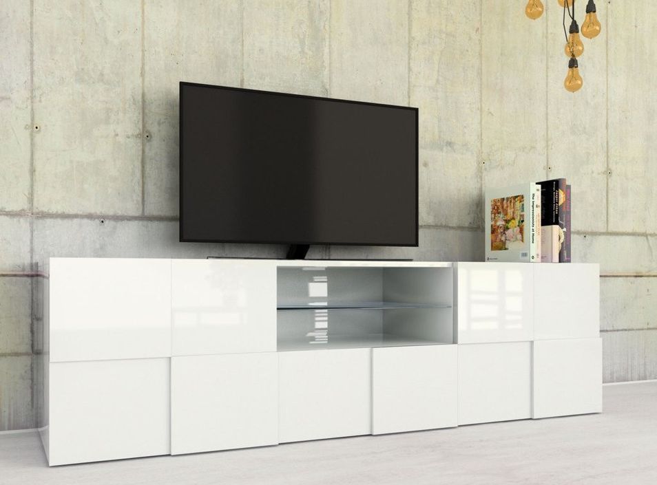 Meuble TV 2 portes 1 tiroir bois laqué blanc brillant Namob L 180 cm - Photo n°2