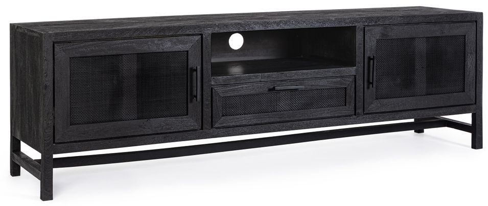 Meuble TV 2 portes 1 tiroir en bois massif noir de manguier et rotin noir Waky 180 cm - Photo n°2