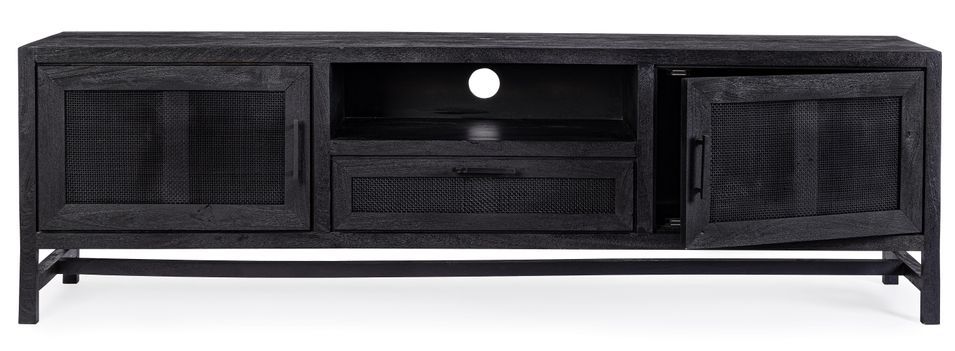 Meuble TV 2 portes 1 tiroir en bois massif noir de manguier et rotin noir Waky 180 cm - Photo n°1