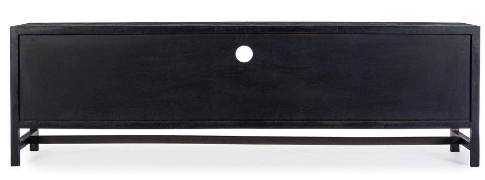 Meuble TV 2 portes 1 tiroir en bois massif noir de manguier et rotin noir Waky 180 cm - Photo n°4