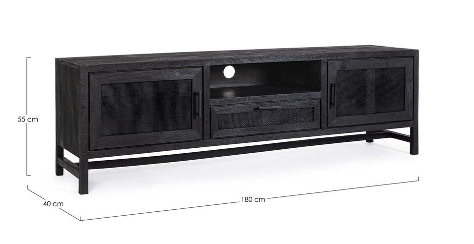 Meuble TV 2 portes 1 tiroir en bois massif noir de manguier et rotin noir Waky 180 cm - Photo n°7