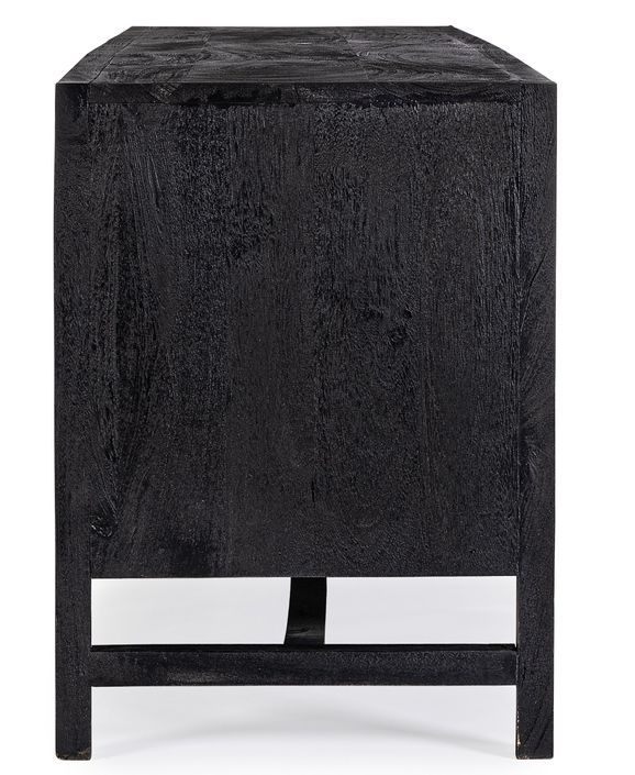 Meuble TV 2 portes 1 tiroir en bois massif noir de manguier et rotin noir Waky 180 cm - Photo n°8