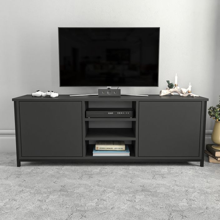 Meuble TV 2 portes 2 étagères acier noir et bois anthracite Klazika 140 cm - Photo n°2