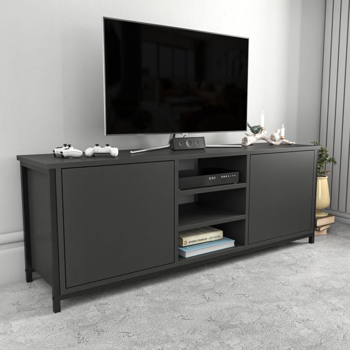 Meuble TV 2 portes 2 étagères acier noir et bois anthracite Klazika 140 cm - Photo n°3