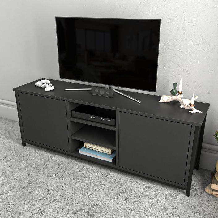 Meuble TV 2 portes 2 étagères acier noir et bois anthracite Klazika 140 cm - Photo n°4