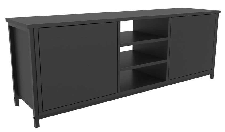 Meuble TV 2 portes 2 étagères acier noir et bois anthracite Klazika 140 cm - Photo n°5