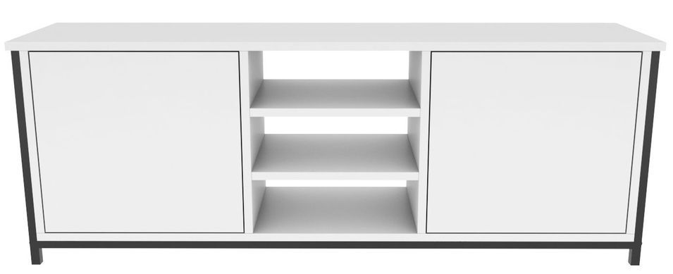 Meuble TV 2 portes 2 étagères acier noir et bois blanc Klazika 140 cm - Photo n°1