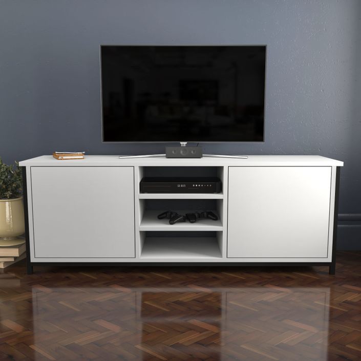Meuble TV 2 portes 2 étagères acier noir et bois blanc Klazika 140 cm - Photo n°3