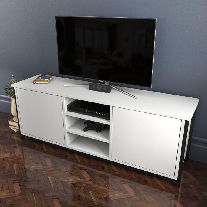 Meuble TV 2 portes 2 étagères acier noir et bois blanc Klazika 140 cm - Photo n°4