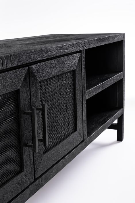 Meuble TV 2 portes 2 étagères en bois massif noir de manguier et rotin noir Waky 130 cm - Photo n°4