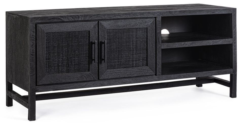 Meuble TV 2 portes 2 étagères en bois massif noir de manguier et rotin noir Waky 130 cm - Photo n°2