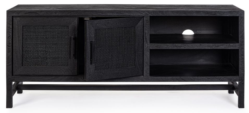 Meuble TV 2 portes 2 étagères en bois massif noir de manguier et rotin noir Waky 130 cm - Photo n°1