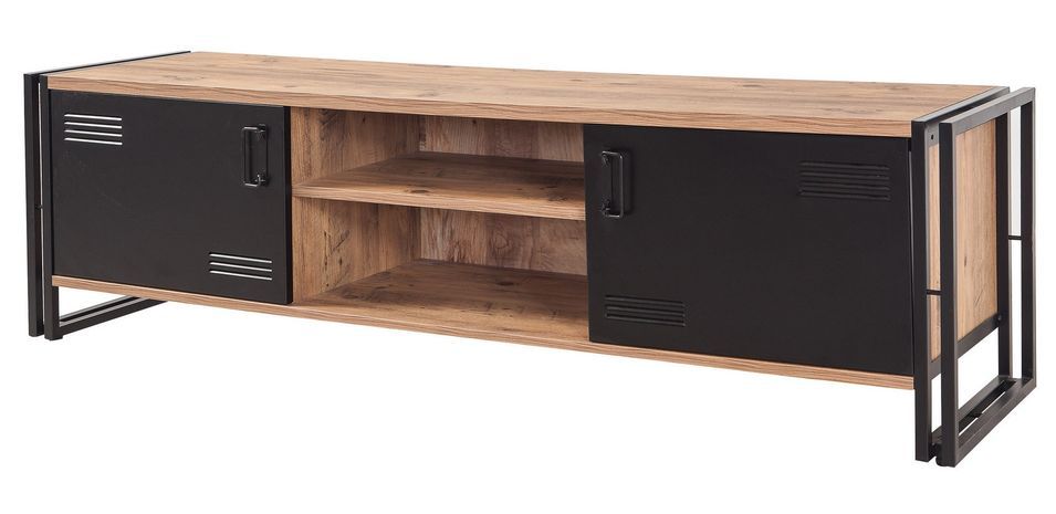 Meuble TV 2 portes 2 niches style industriel bois chêne clair et métal noir Dukita 180 cm - Photo n°1