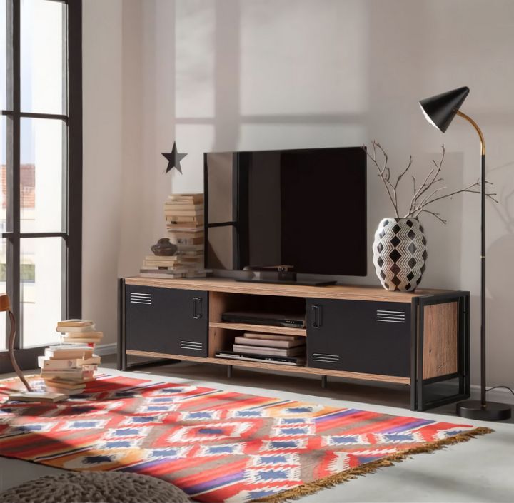 Meuble TV 2 portes 2 niches style industriel bois chêne clair et métal noir Dukita 180 cm - Photo n°3
