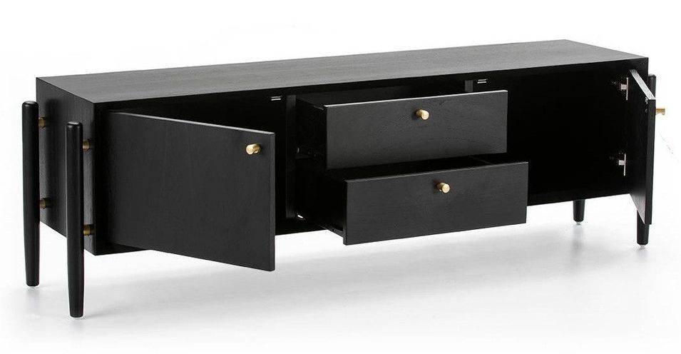 Meuble TV 2 tiroirs 2 portes bois noir 160 cm - Photo n°3